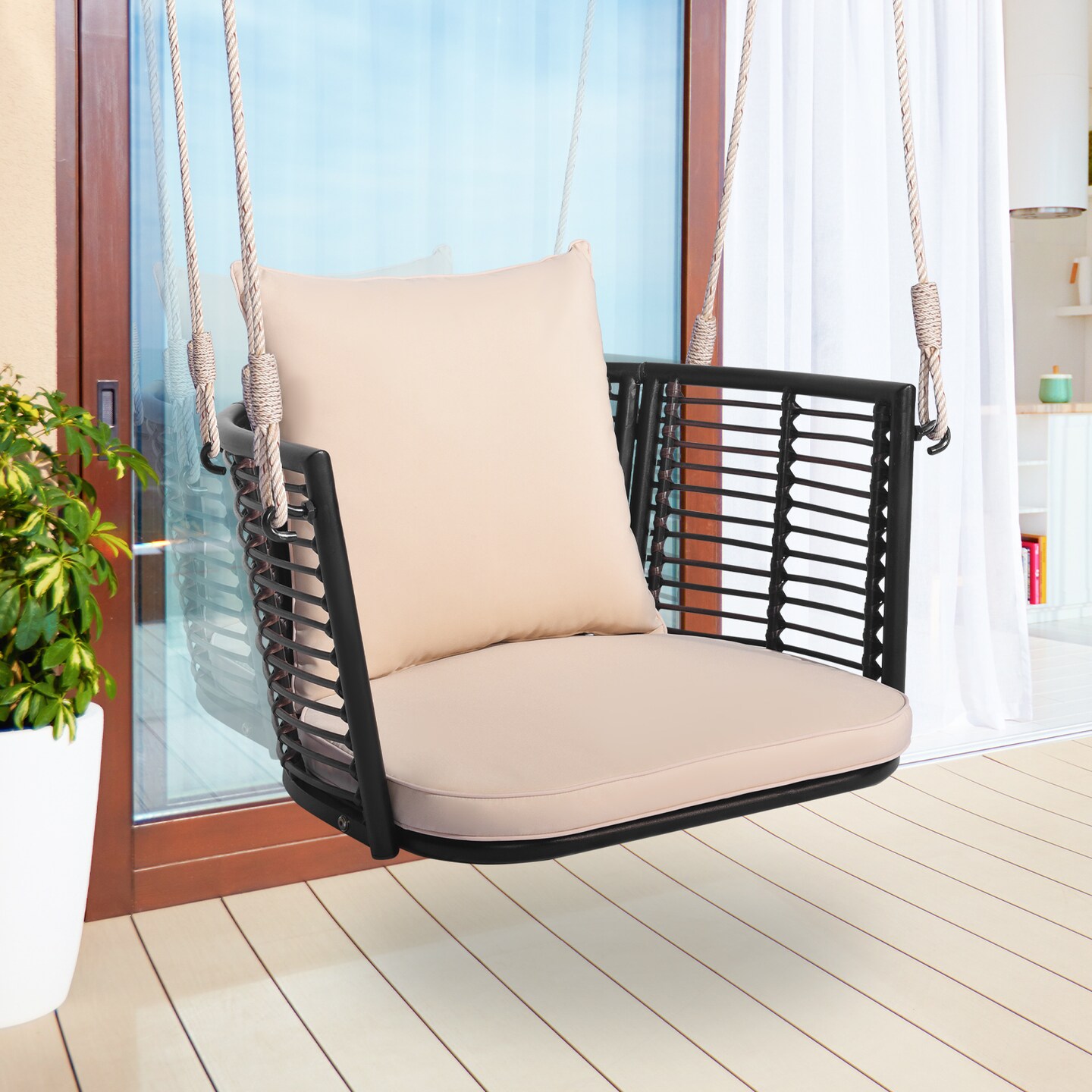 Single Person Hanging Seat With Woven Rattan Backrest For Backyard