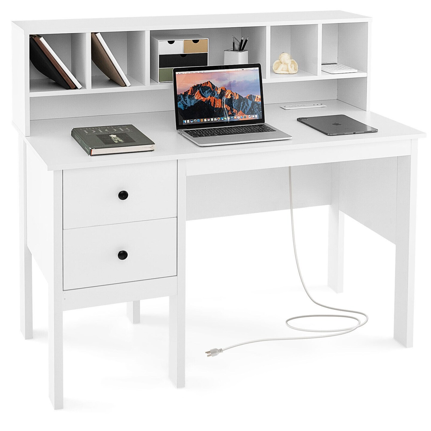 White Engineered Wood Desk with Storage Drawers USB Ports and Hutch