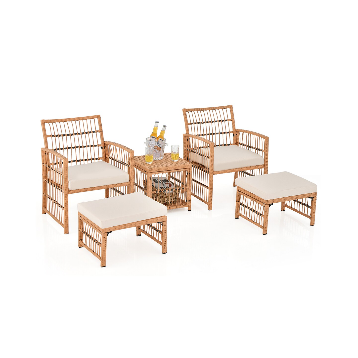 5 Piece Patio Wicker Sofa Set With Seat And Back Cushions-Natural