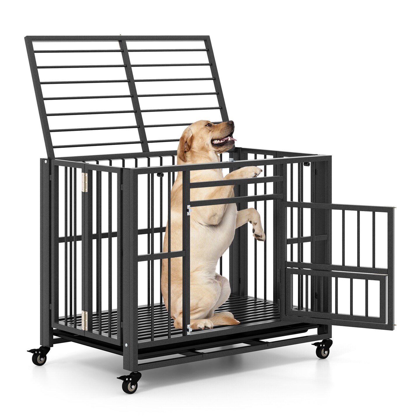 Foldable Heavy-Duty Metal Dog Cage Chew-proof Dog Crate with Lockable Universal Wheels - 37&#x22; x 23&#x22; x 30&#x22; (L x W x H)