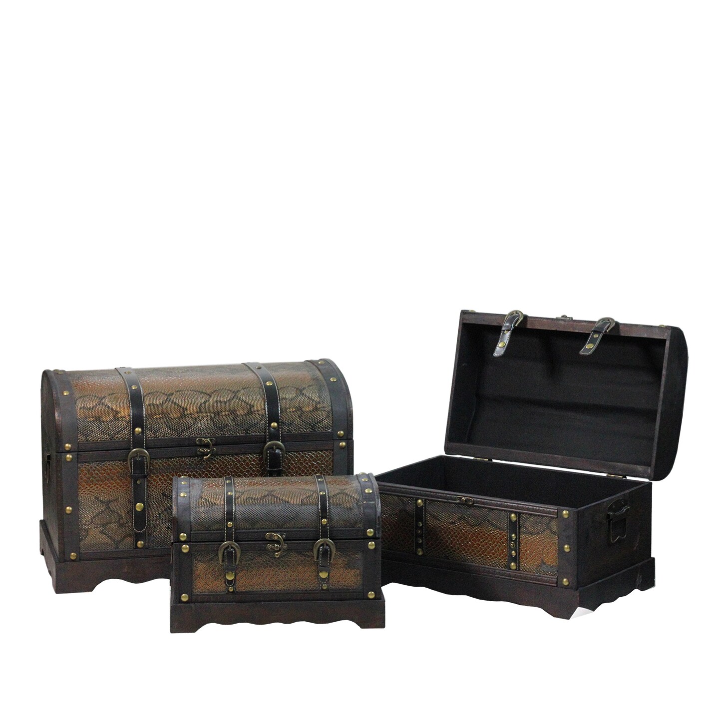 Northlight Set of 3 Decorative Antique Brown Wood and Faux Snakeskin Storage Boxes 22.5&#x22;