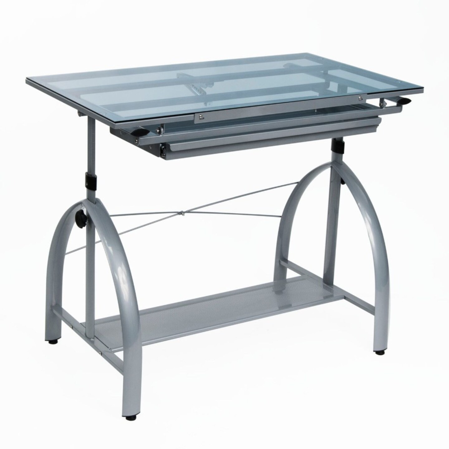 Offex Avanta Height Adjustable Blue Tempered Glass Top Drafting Table - Silver