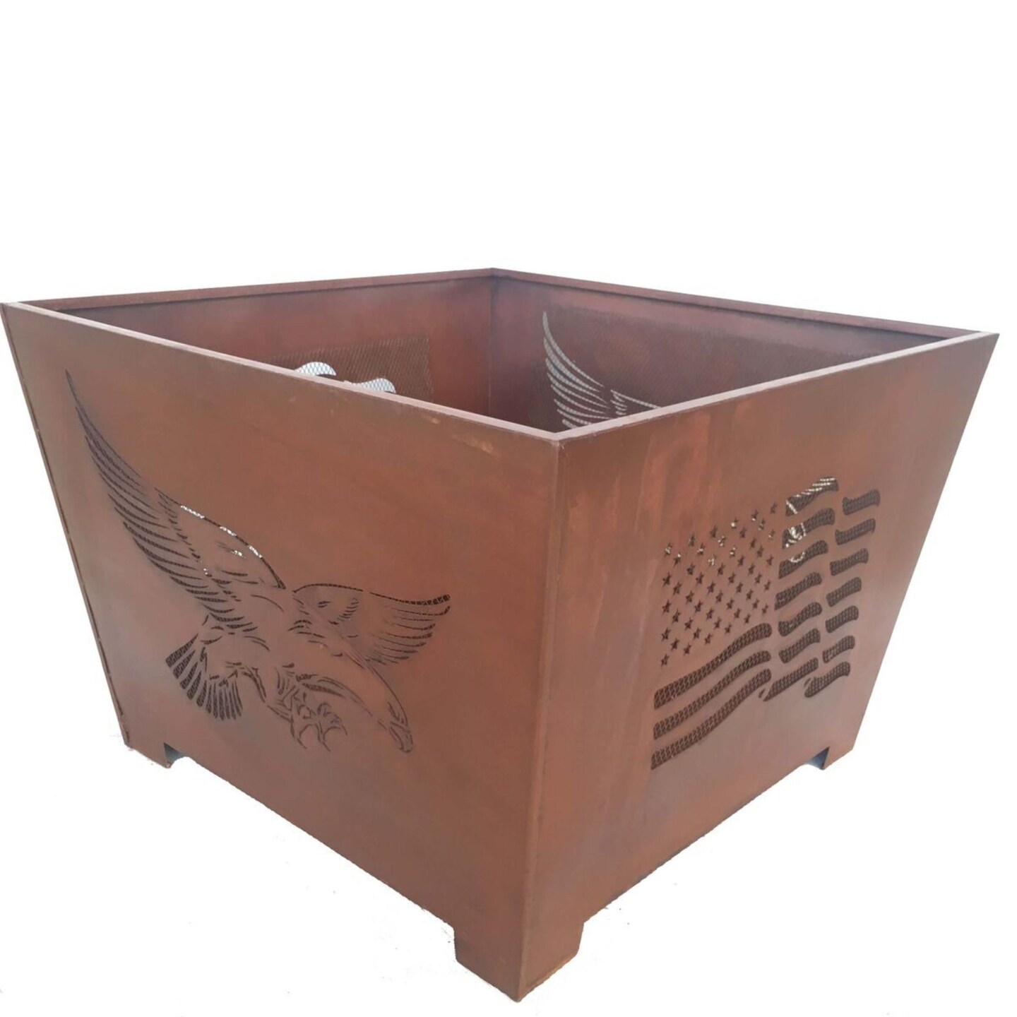 Esschert Design 24" Brown Rustic Finish American Flag and Eagle Square Outdoor Fire Basket