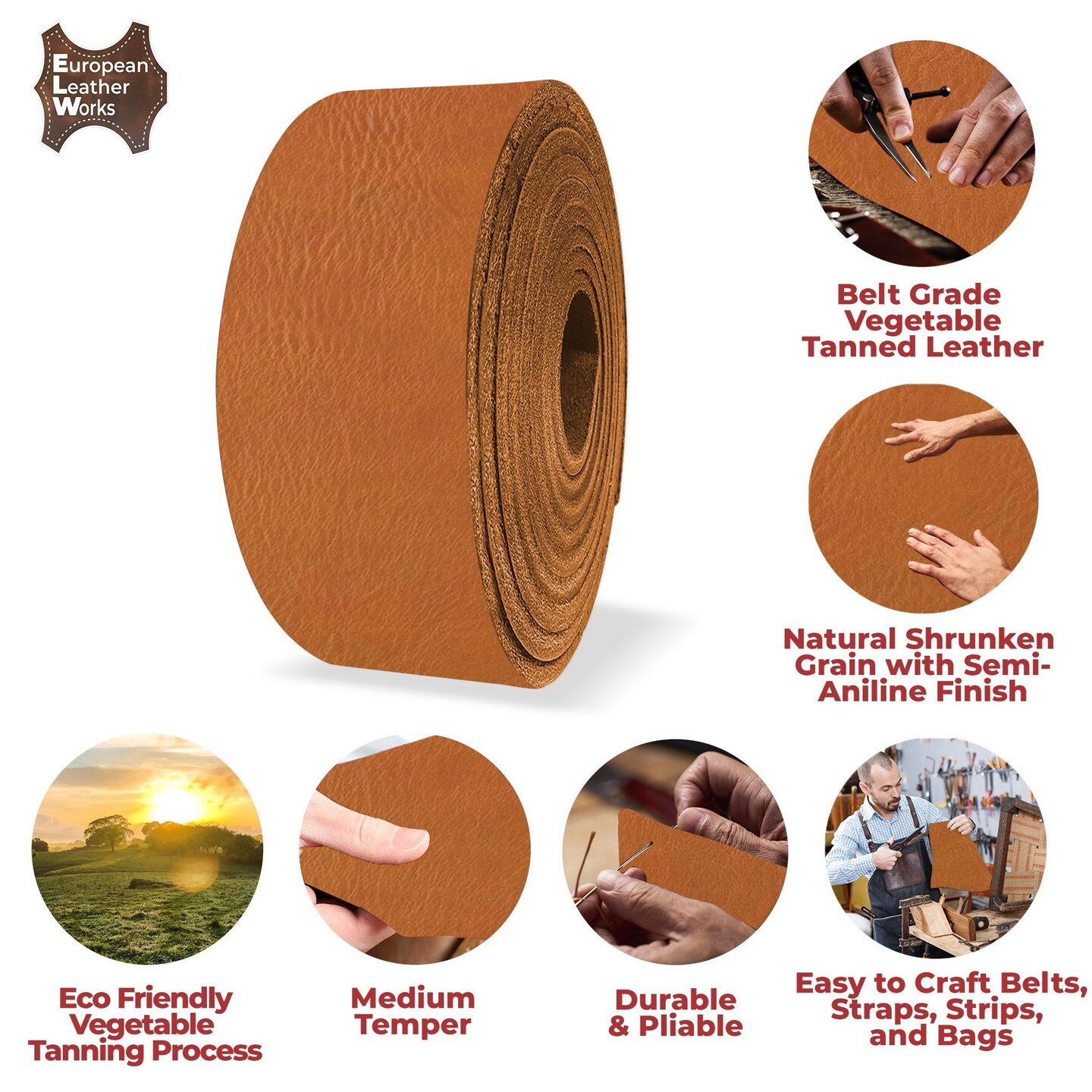 European Leather Work 5-6 oz. (2-2.4mm) Vegetable Tanned Leather Belt Blanks Shrunken Grain Cowhide Leather Straps/Strips for DIY, Tooling, Engraving, Carving