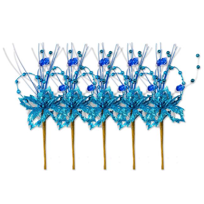 Queens of Christmas 13 in. Poinsettia Glitter Spray Pick with Berries for Christmas Decoration, Blue - Pack of 5