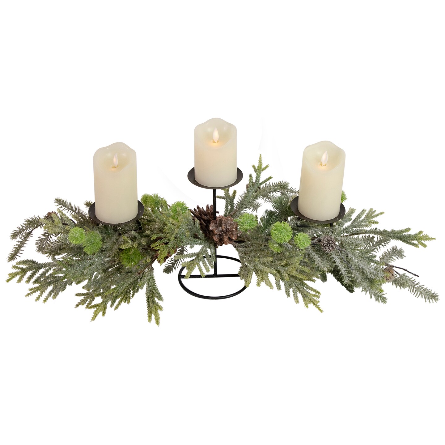 Northlight Triple Candle Holder with Frosted Foliage and Pine Cones Christmas Decoration - 26&#x22;