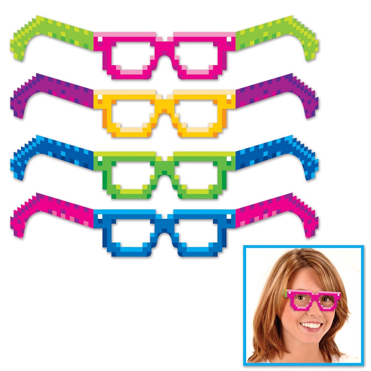 Beistle Club Pack of 48 Bright Multicolored Neon Pixel Eyeglasses