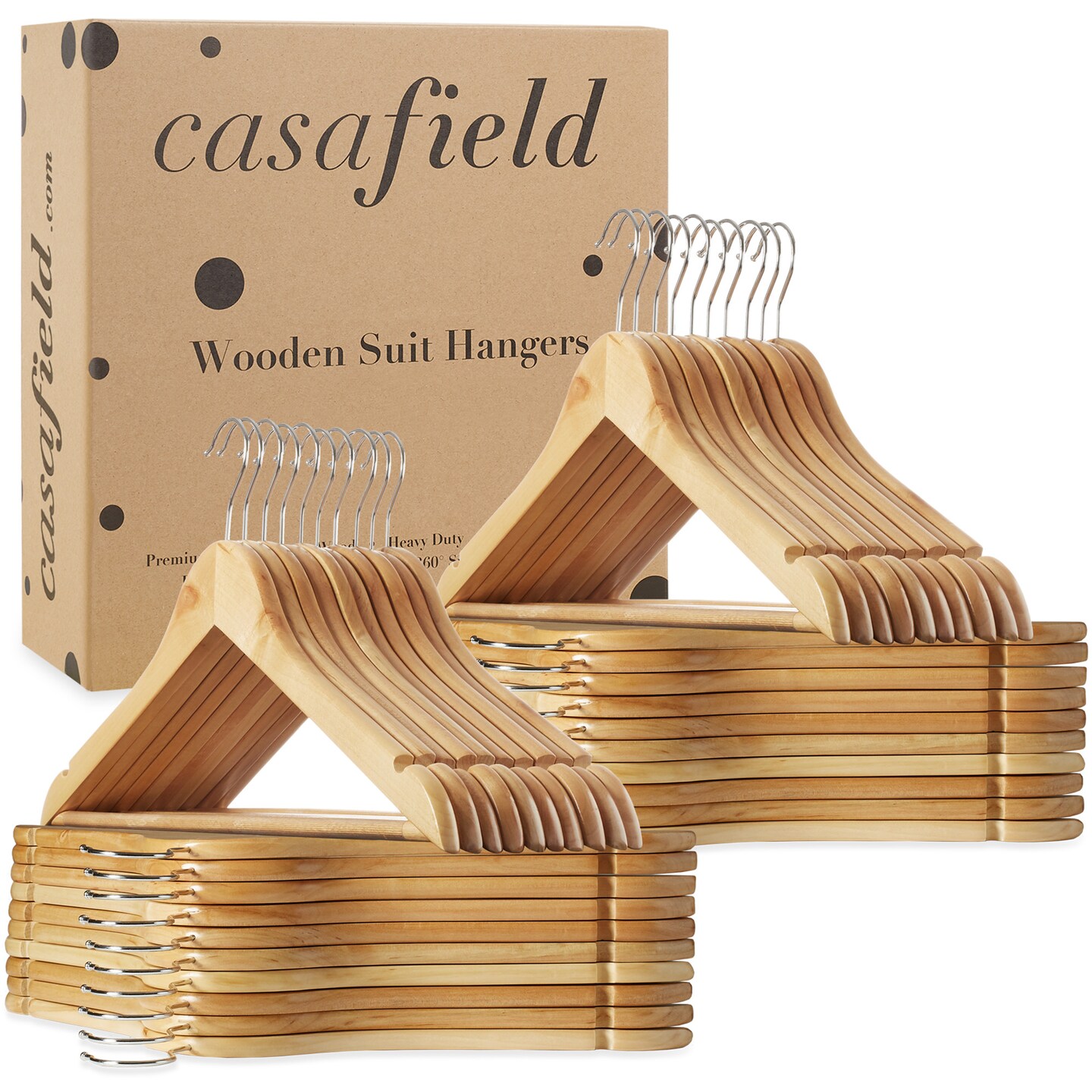 Casafield - 40 Wooden Suit Hangers - Premium Lotus Wood with Notches & Chrome Swivel Hook for Dress Clothes, Coats, Jackets, Pants, Shirts, Skirts