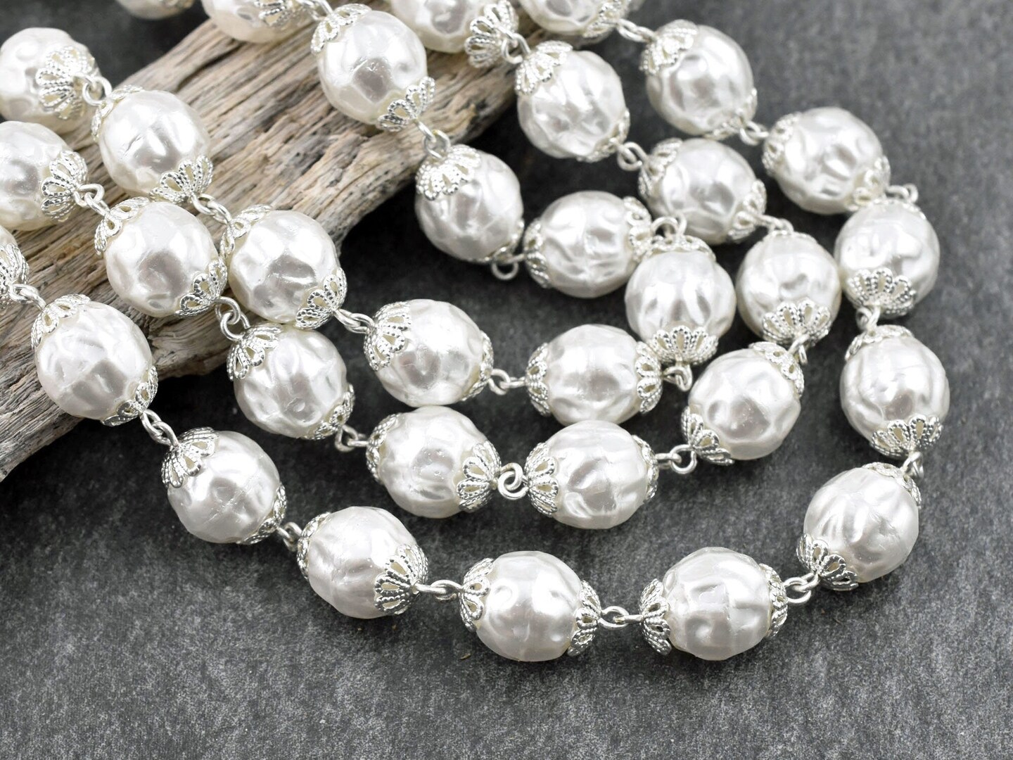 10mm Czech Glass White Baroque Pearl Chain w/ Bright Silver