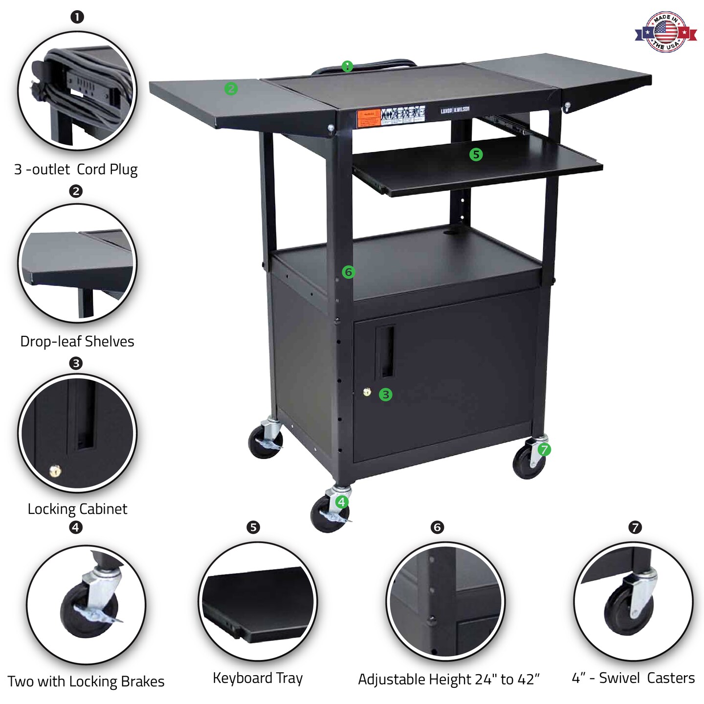 Luxor Office Multipurpose Height Adjustable Steel A/V Cart with Pullout, Cabinet, Drop Leaf