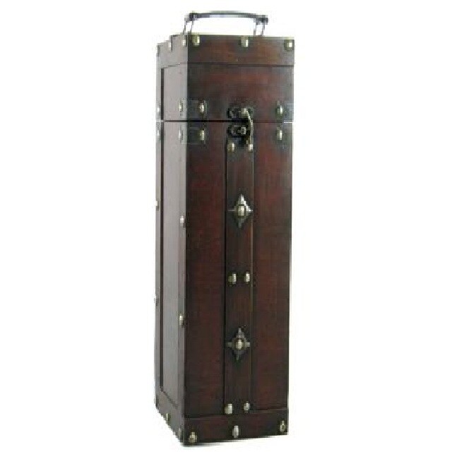 GC Home &#x26; Garden 13&#x22; Brown Leather Accents Medieval Wooden Single Wine Bottle Box Carrier