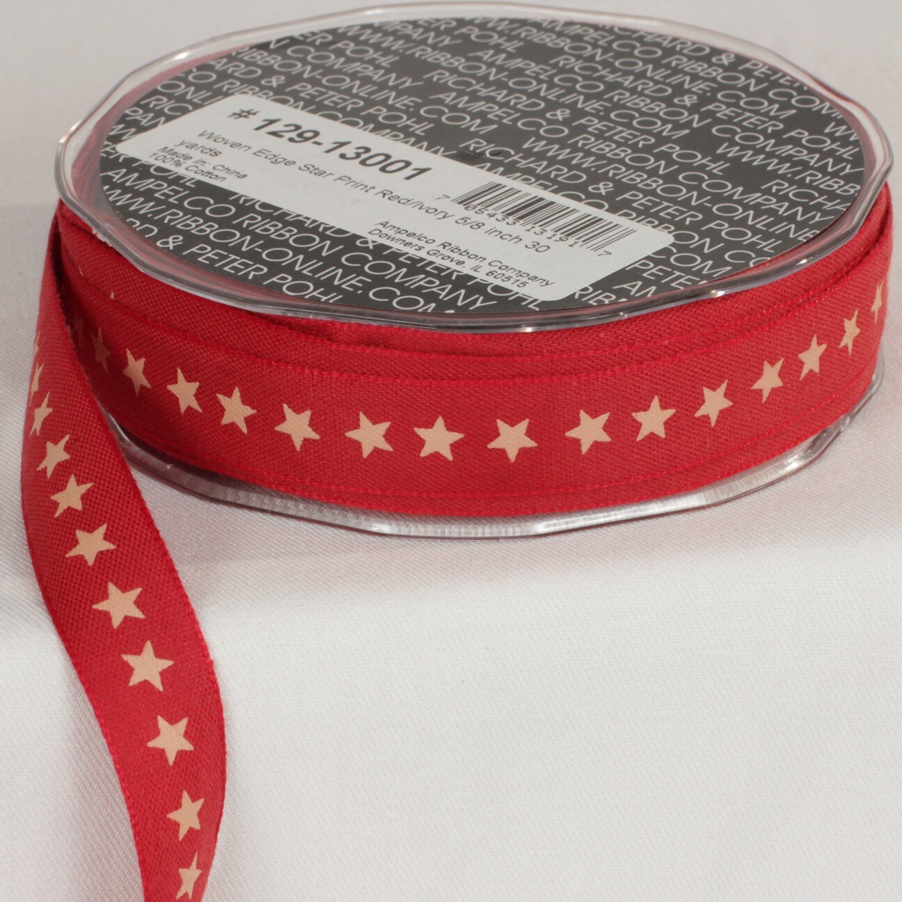 The Ribbon People Red and Ivory Star Printed Woven Edge Craft Ribbon 0.62" x 60 Yards