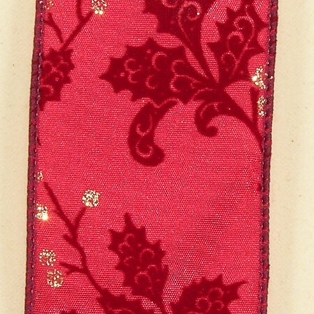 The Ribbon People Red Metallic with Chocolate Brown Leaves Wired Craft Ribbon 0.07" x 20 Yards