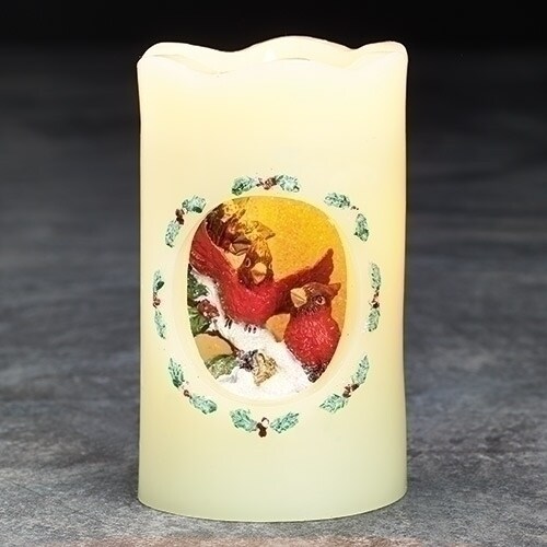 Roman 5&#x22; Vibrantly Colored Cardinals Scene Flickering Flame-less LED Candle