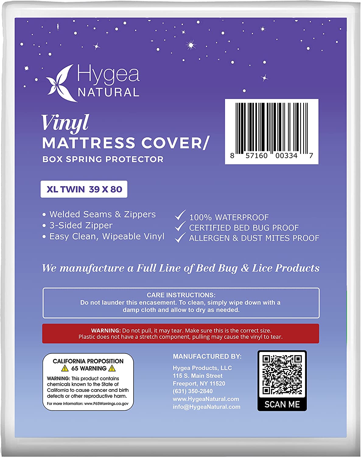 Hygea Natural 6 Gauge Vinyl Bed Bug Mattress/Box Spring Cover-XL Twin Size 39"x80"x9"