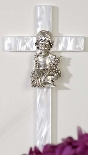 Roman 7.25&#x22; White and Silver Girl&#x27;s Mother of Pearl First Communion Wall Cross