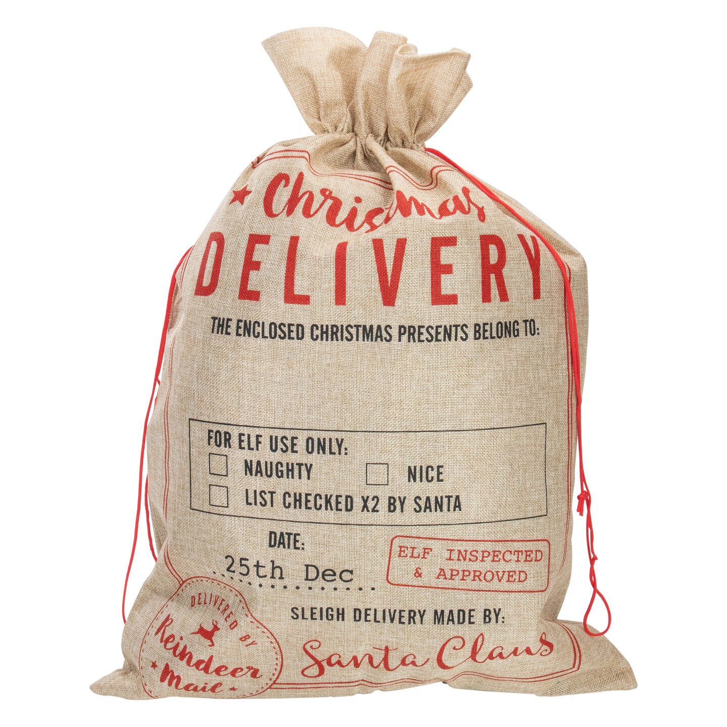 Northlight Large Christmas Delivery Tied Gift Sack - 27.75&#x22; - Beige and Red