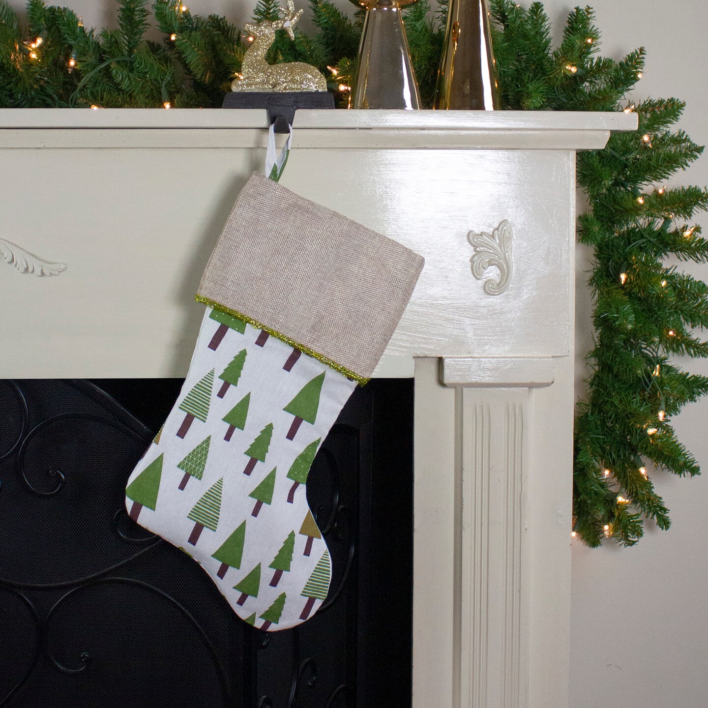 Northlight Woodland Trees Christmas Stocking  - 19&#x22; - Green and White