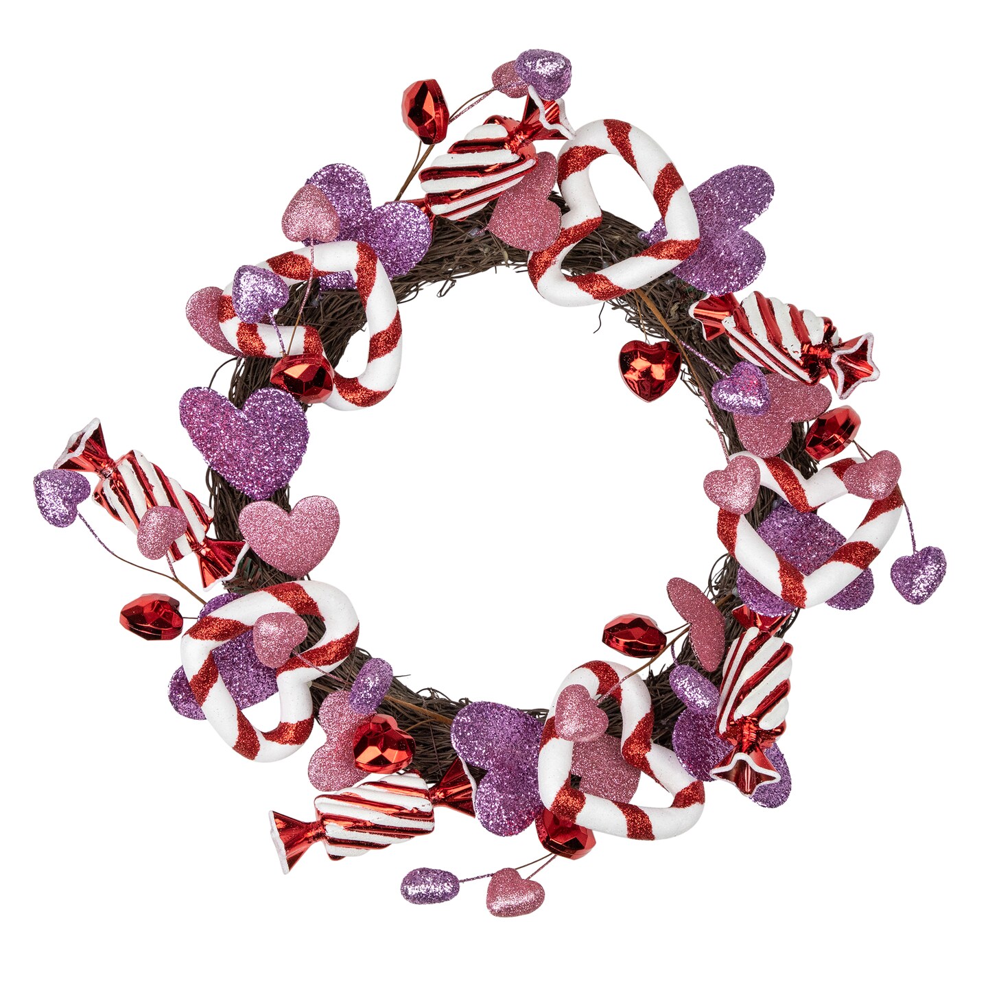 Northlight Pink and Purple Candies and Hearts Valentine&#x27;s Day Wreath, 16-Inch, Unlit