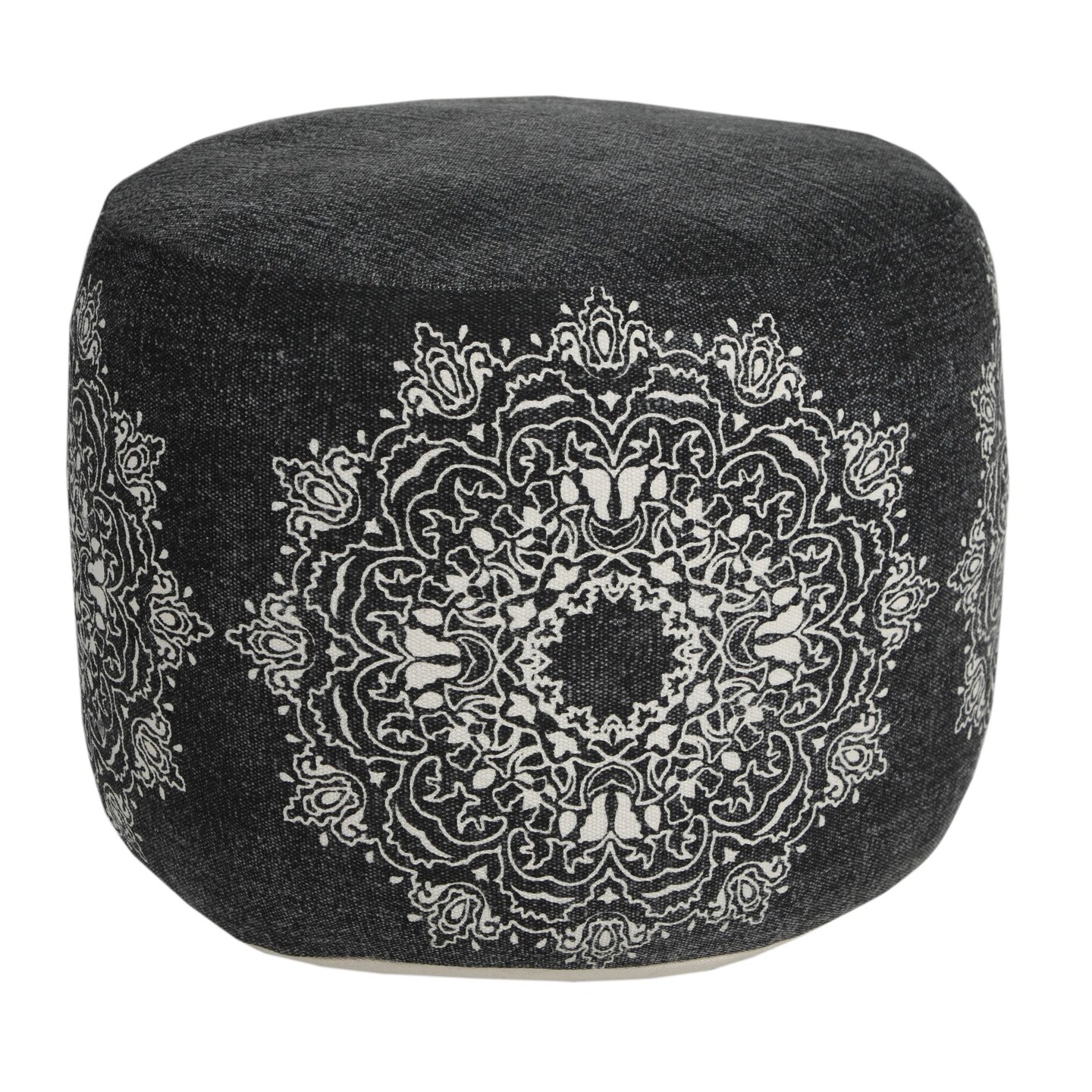 Laddha Home Designs 18&#x22; Black and White Mandala Medallion Round Pouf Ottoman