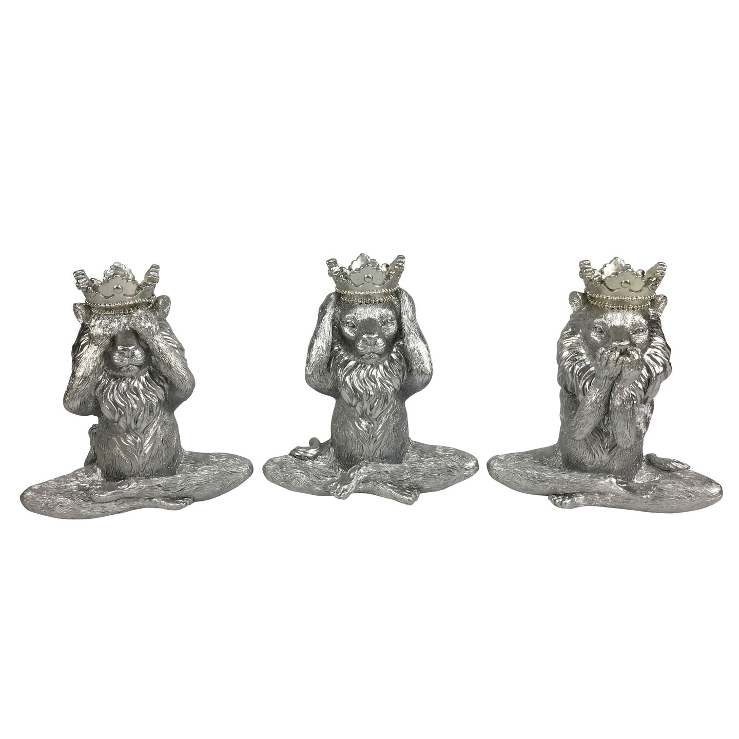 Kingston Living Set of 3 Silver No Evil Lion with Crown Tabletop Decorative Figurines 6&#x22;