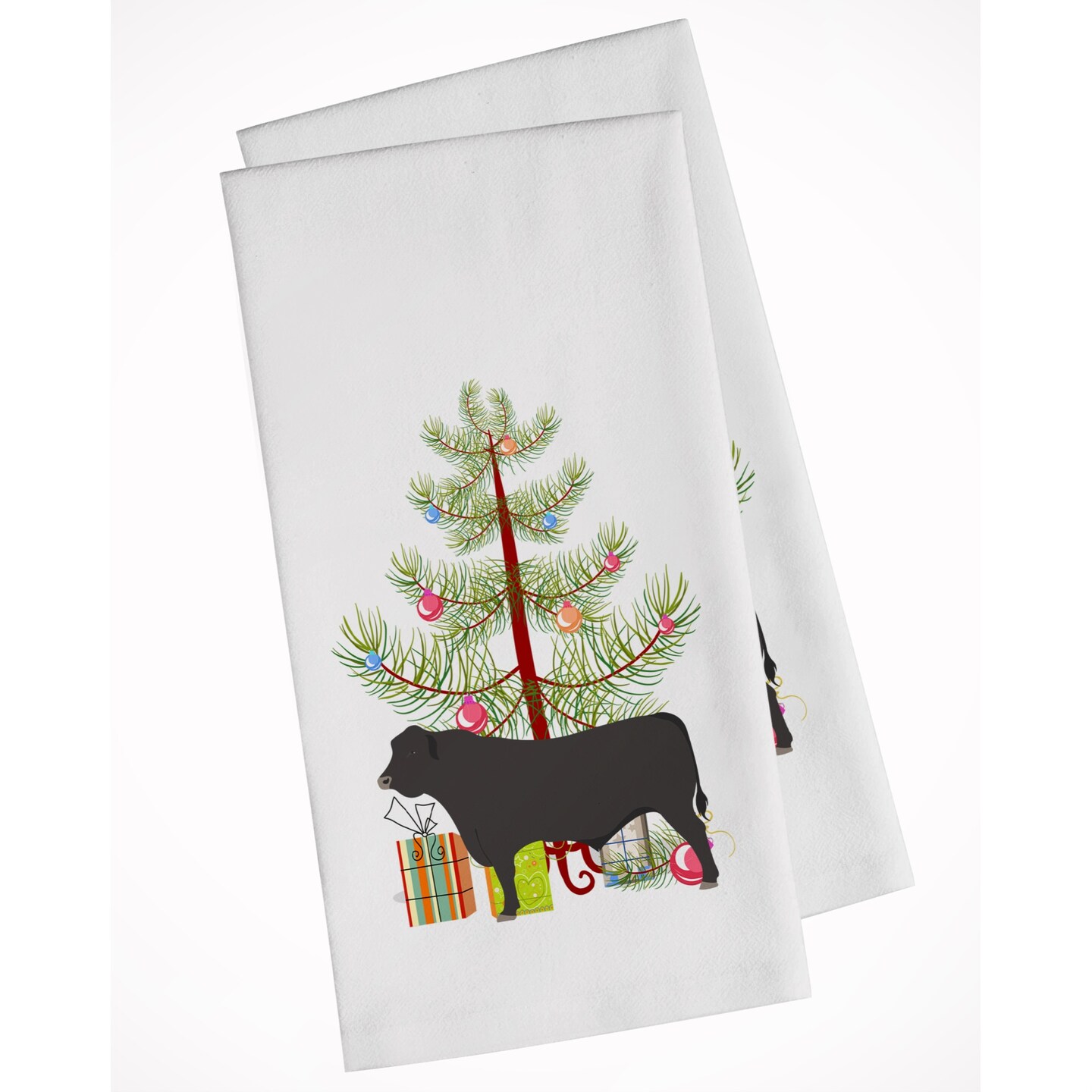 Black Angus Cow Christmas White Kitchen Towel Set of 2