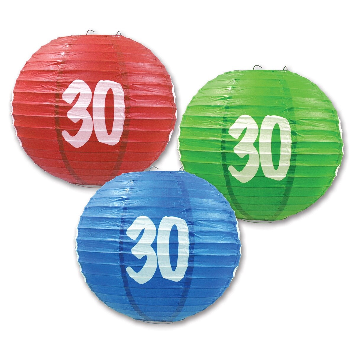 Beistle Pack of 6 Red, Blue, and Green Birthday &#x22;30&#x22;  Festive Hanging Paper Lanterns 9.5&#x22;