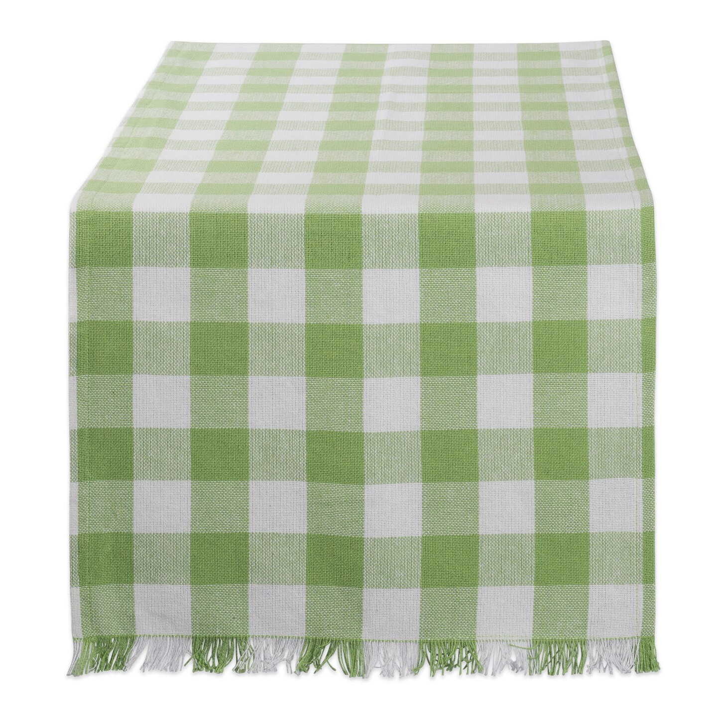 Contemporary Home Living Heavyweight Checkered Fringed Cotton Table Runner - 108" - Olive Green and White