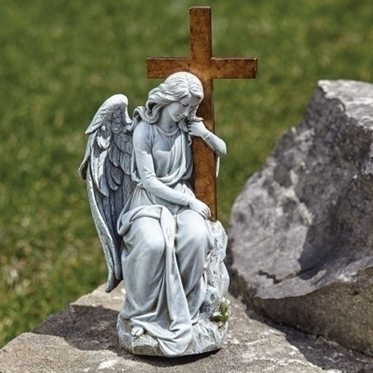 Roman Angel Leans on Cross Outdoor Garden Statue - 13&#x22;