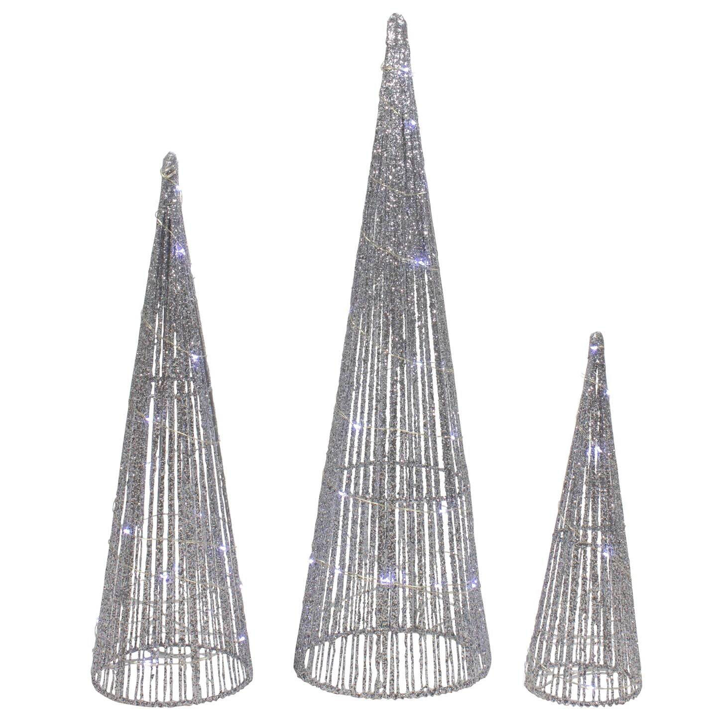 Northlight LED Lighted Glittered Outdoor Christmas Cone Tree - 23.5" - Silver - Set of 3