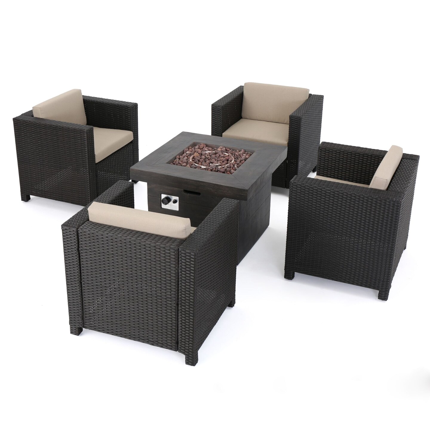 Contemporary Home Living 5pc Brown and Beige Contemporary Outdoor 4 Seater Chat Set with Fire Pit