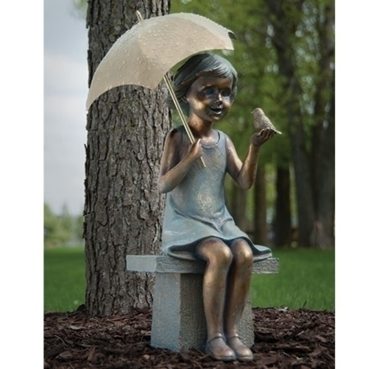Roman 17.25&#x22; Girl on Bench with Umbrella and Bird Outdoor Garden Statue