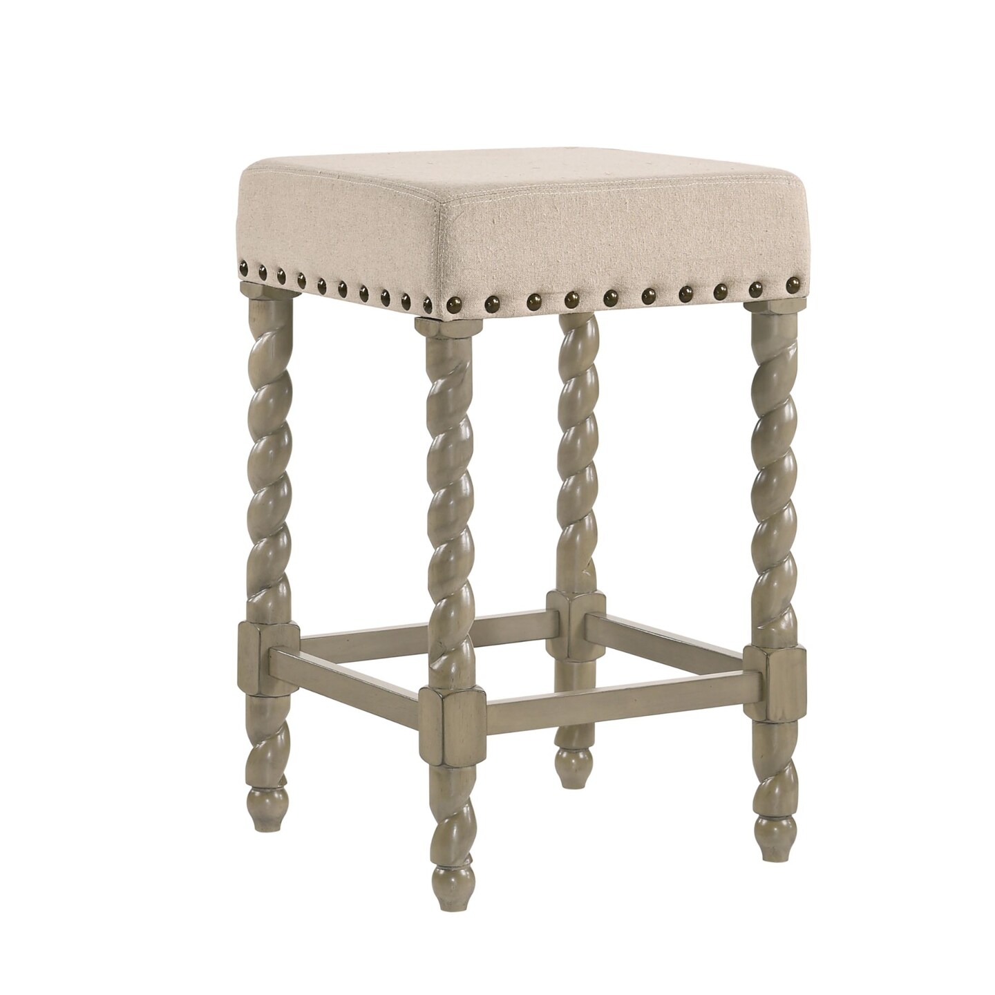Contemporary Home Living 24" Beige and Gray Nailhead Trimmed Counter Stool with Barley Twist Legs