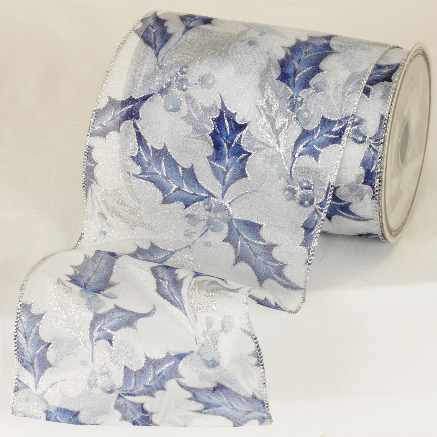 The Ribbon People White and Blue Leaves Wired Craft Ribbon