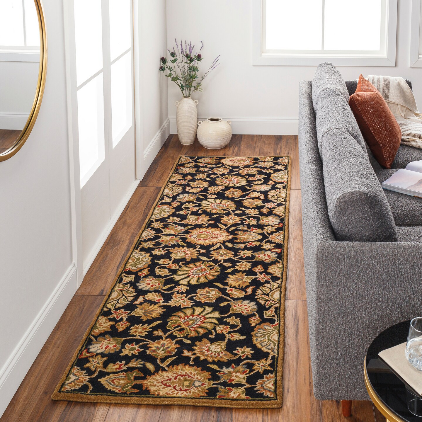 Tiwari Home 3&#x27; x 12&#x27; Black and Brown Contemporary Hand Tufted Floral Rectangular Wool Area Throw Rug Runner