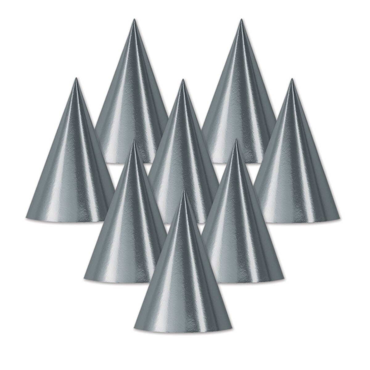 Beistle Club Pack of 48 Silver Fun and Festive Party Foil Cone Hats 6.75&#x22;