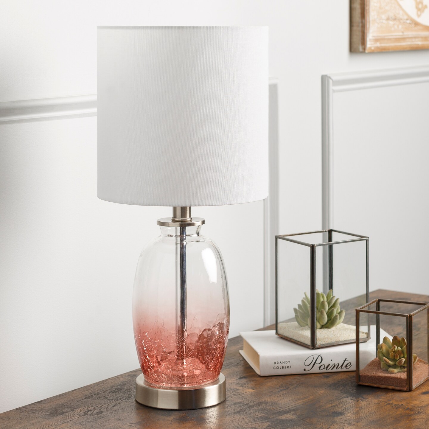 Tiwari Home 20&#x22; Pink Glass Table Lamp with White Drum Shade
