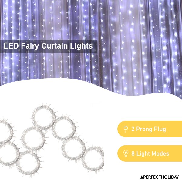 Perfect Holiday 200 LED Curtain String Lights Plug In - 8 Light Modes
