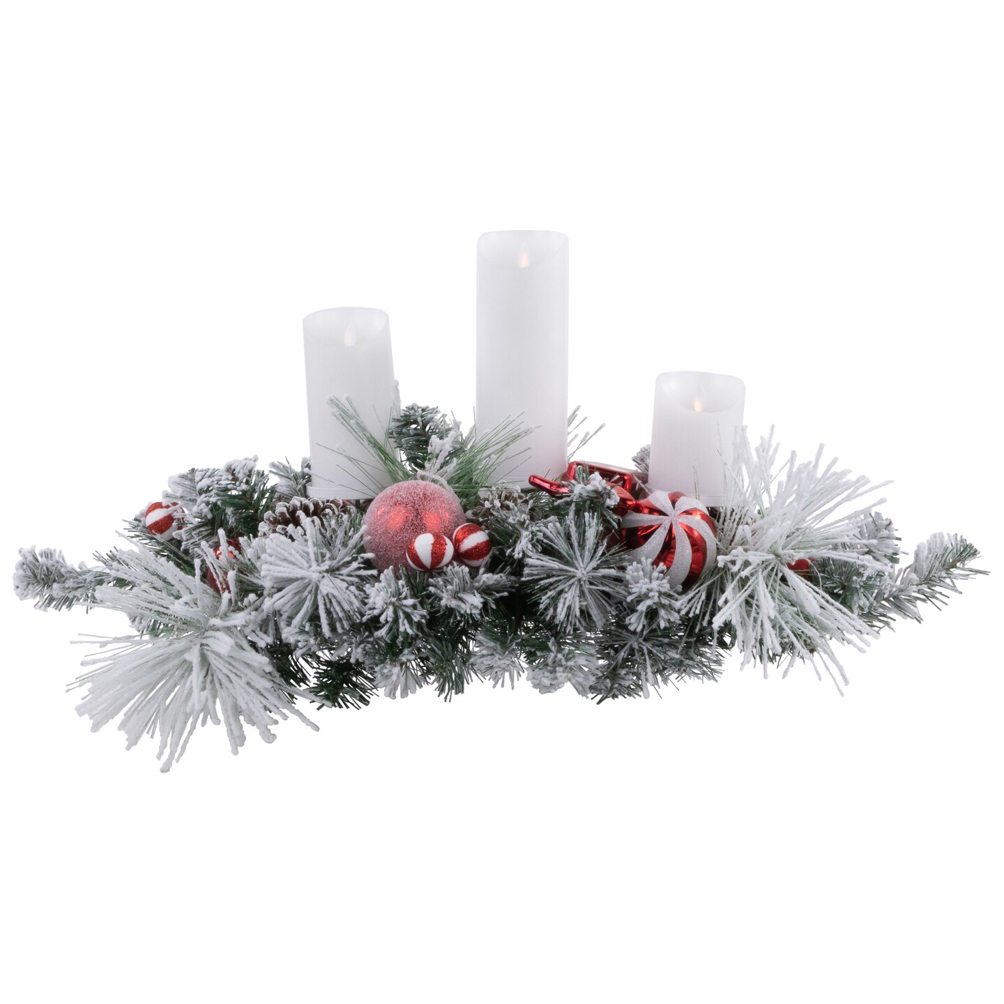 Northlight Triple Candle Holder with Flocked Pine and Christmas Ornaments - 32&#x22; - Red and White