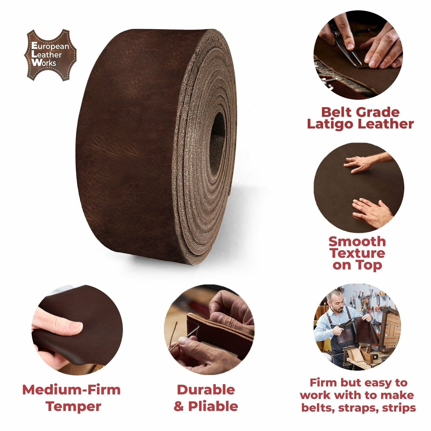 ELW 9-10 oz (3.6-4mm) Latigo Leather Straps Belt Grade 60&#x22; Cowhide Strips Heavy Duty Holsters, Sheathes, Harness, Saddle, Armor, Collars