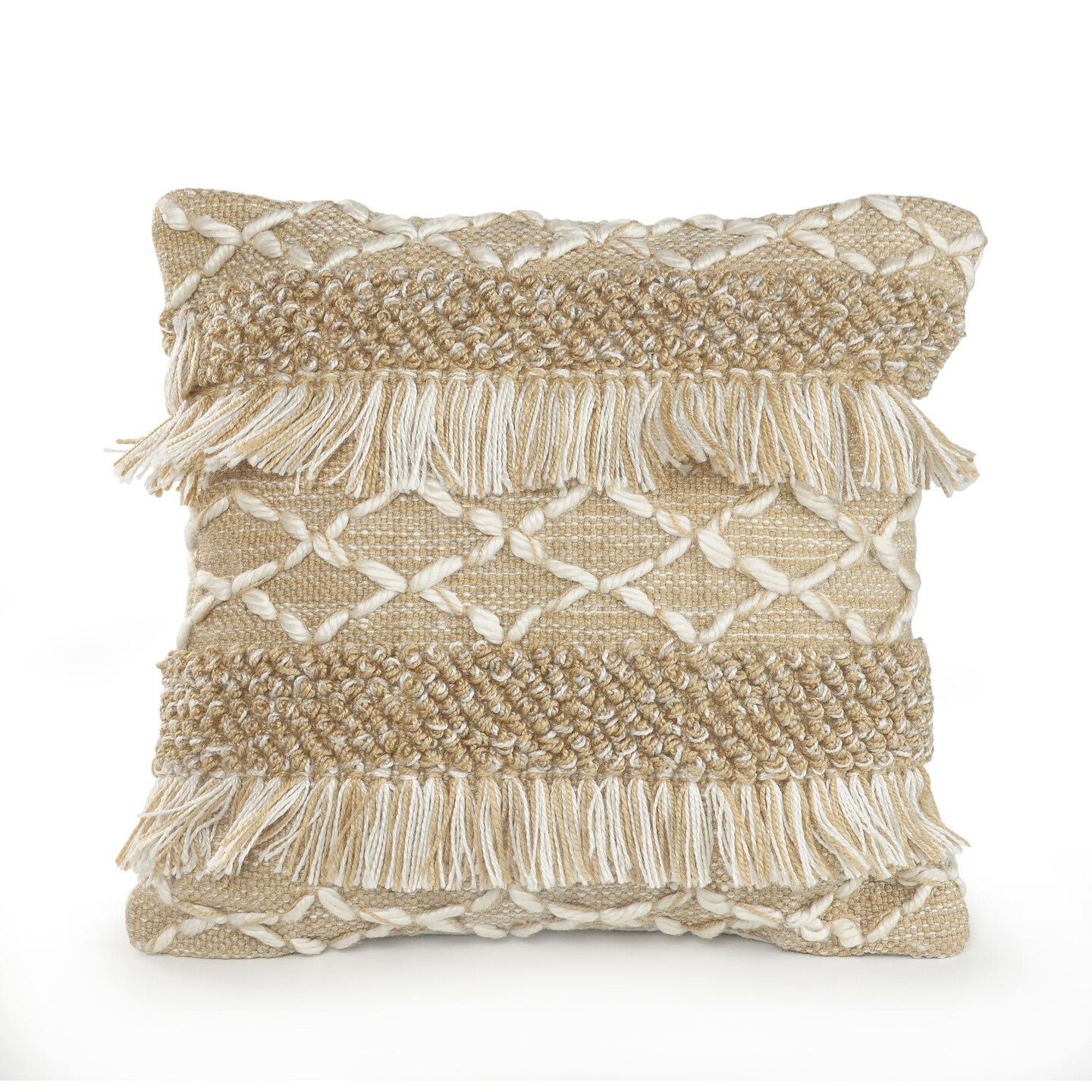 Laddha Home Designs 20" Beige and White Fringe Geometric Square Throw Pillow