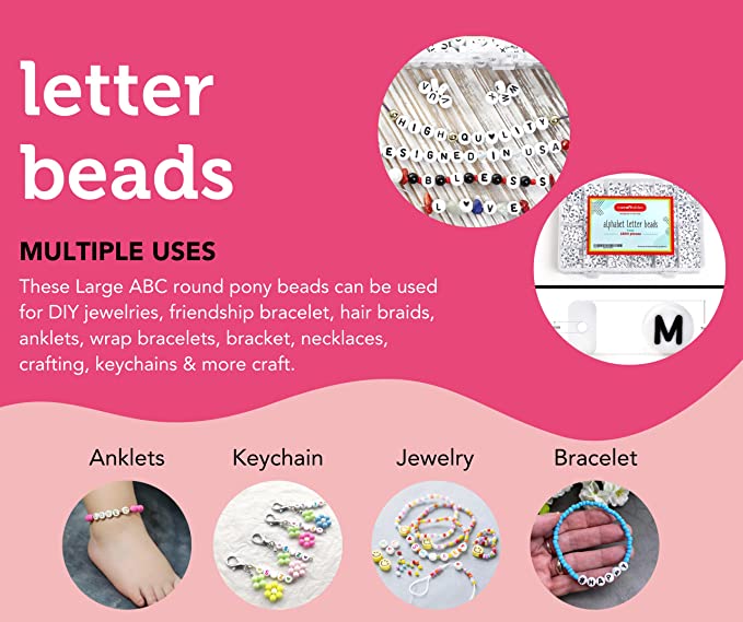 2 PACK - Incraftables 1200pcs Round Letter Beads for Jewelry Making (7mm). A-Z Letters Black Alphabet for DIY Friendship Bracelets & Crafts. ABC Circle & Heart Bead w/ Elastic String, Clasps & Organizer