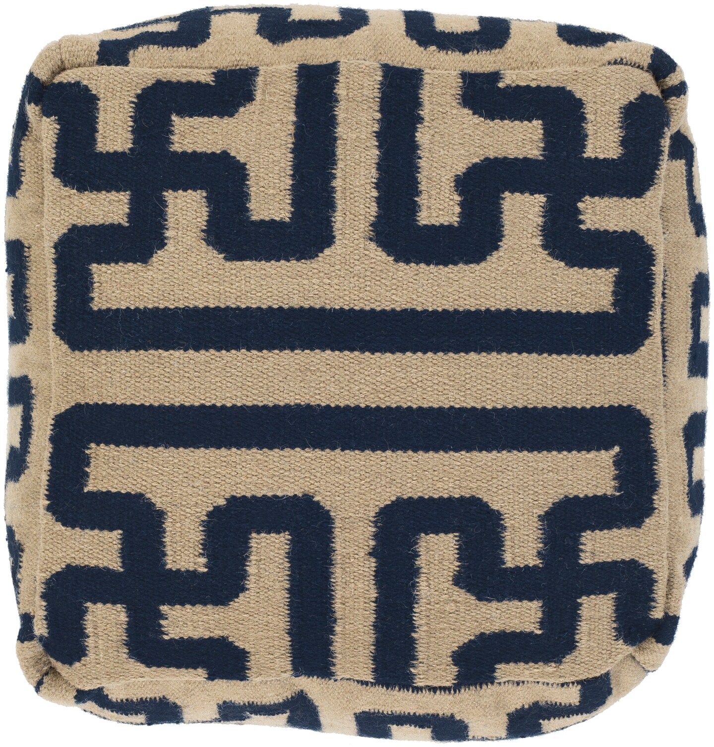Diva At Home 18&#x22; Navy Blue and Antique White Aztec Maze Wool Square Pouf Ottoman