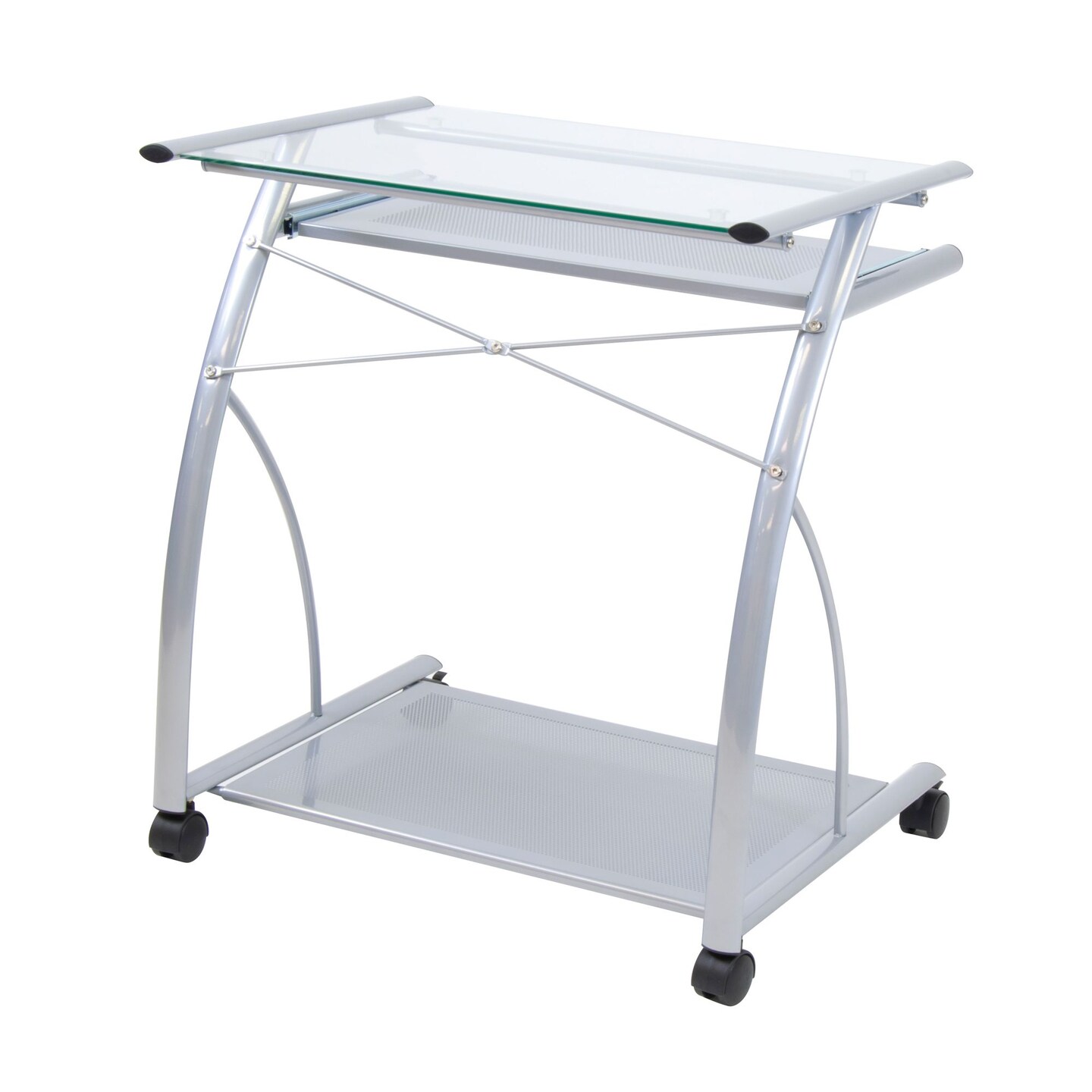 L Cart Compact Computer Cart with Storage and Keyboard Shelf - Silver / Clear Glass