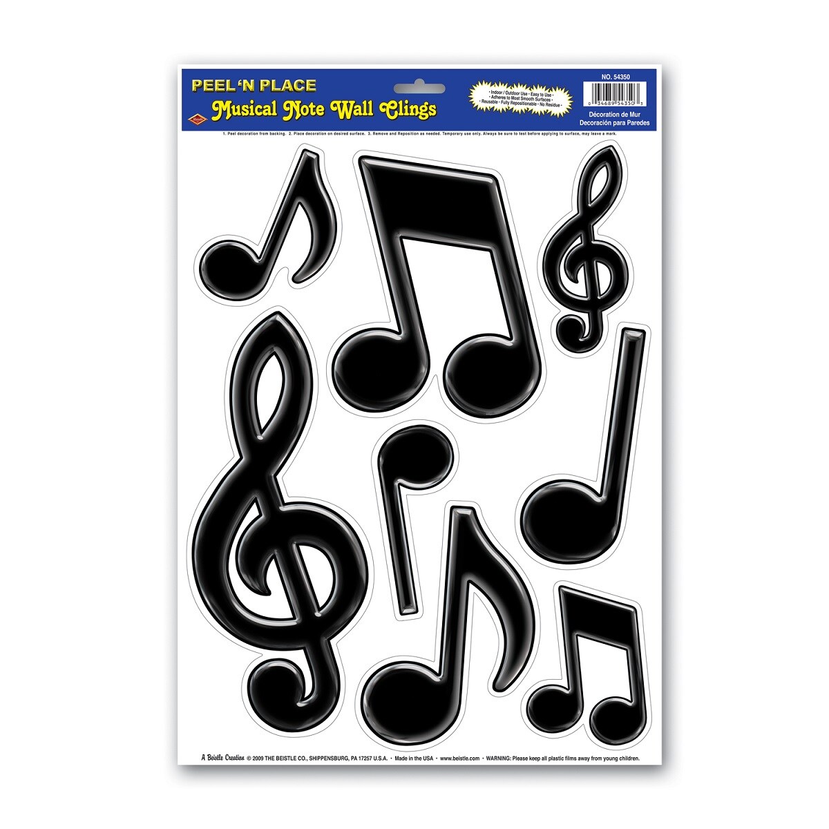 Party Central Club Pack of 96 Black 50&#x27;s Rock and Roll Musical Note Peel &#x27;N Place Decors 17&#x22;