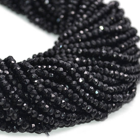 Black Spinel Rondelle Beads, 13 Inch Gemstone Strands, Drilled Strung Nugget Beads, Faceted Round, 3-4mm, GemMartUSA (RLBS-70002)