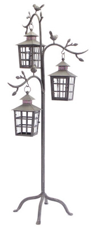 Melrose 42&#x22; Gray Outdoor Votive Candle Holder Lantern Tree with Bird Accents