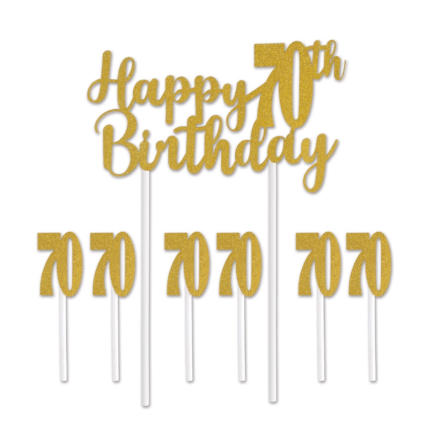 Beistle Set of 12 Gold Happy 70th Birthday Cake Topper 8.25&#x22;