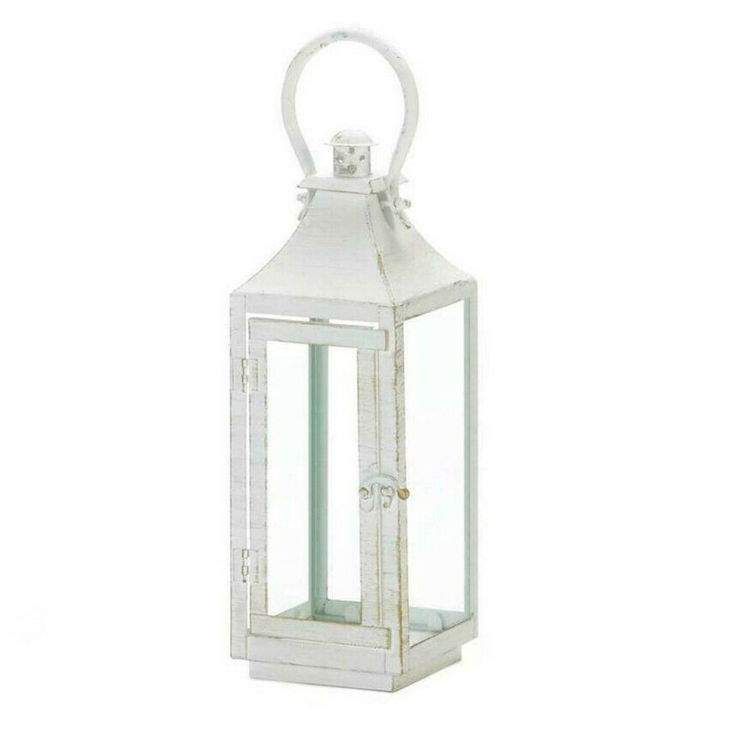 Accent Plus Home Decorative Distressed White Metal Candle Lantern - 12 inches