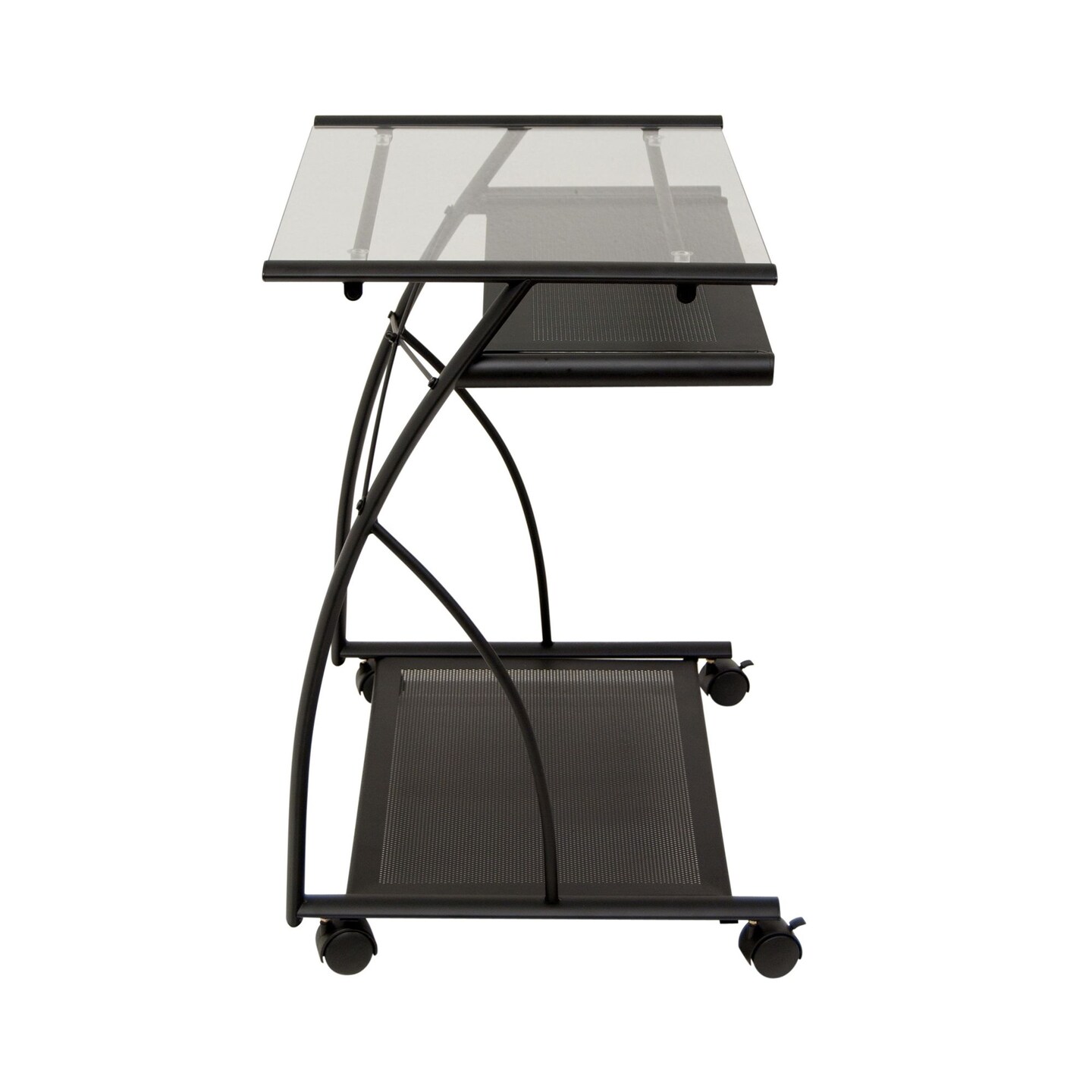 L Cart Compact Computer Cart with Storage and Keyboard Shelf - Black / Clear Glass